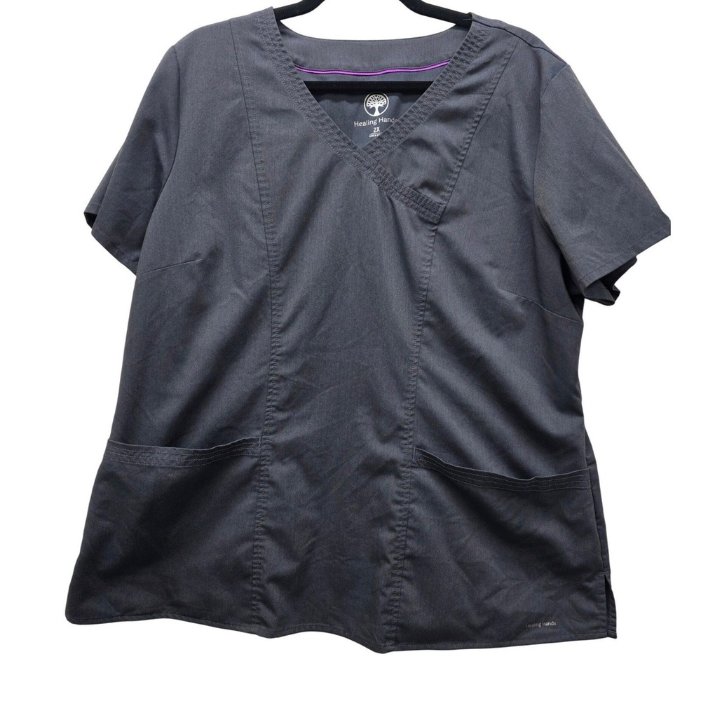 Healing Hands Scrub Top Womens 2X Charcoal Gray V-Neck 2-Pocket Medical
